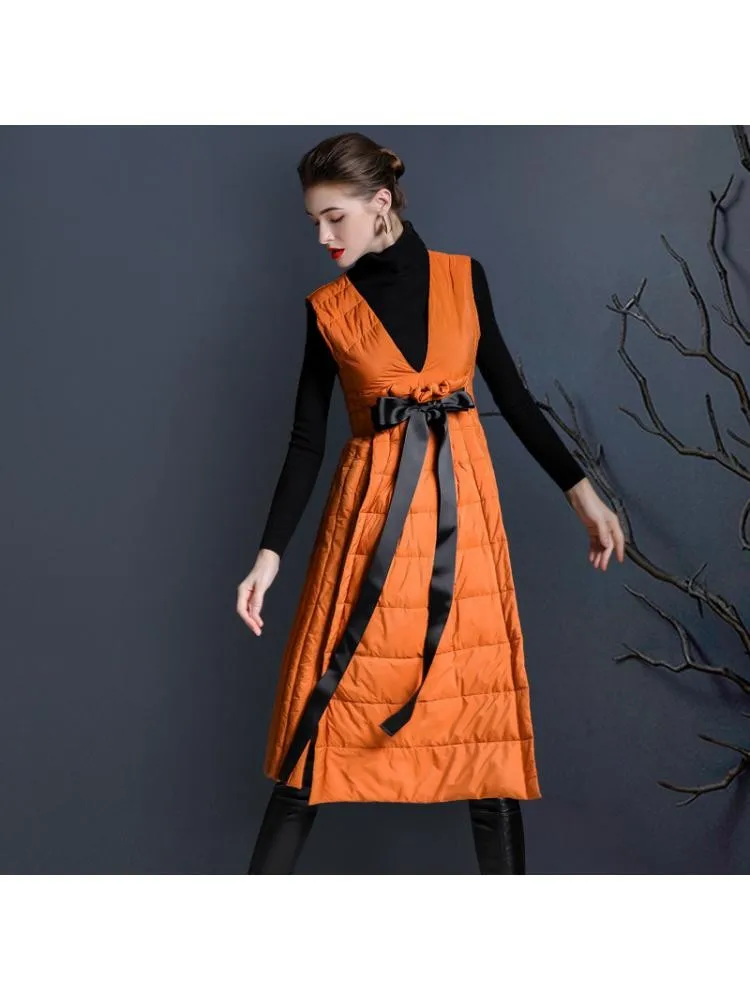

European Station Sleeveless Long Black 90 White Duck Down Dress Women 2022 Winter Lace Up Irregular Warmer Cloth Vest