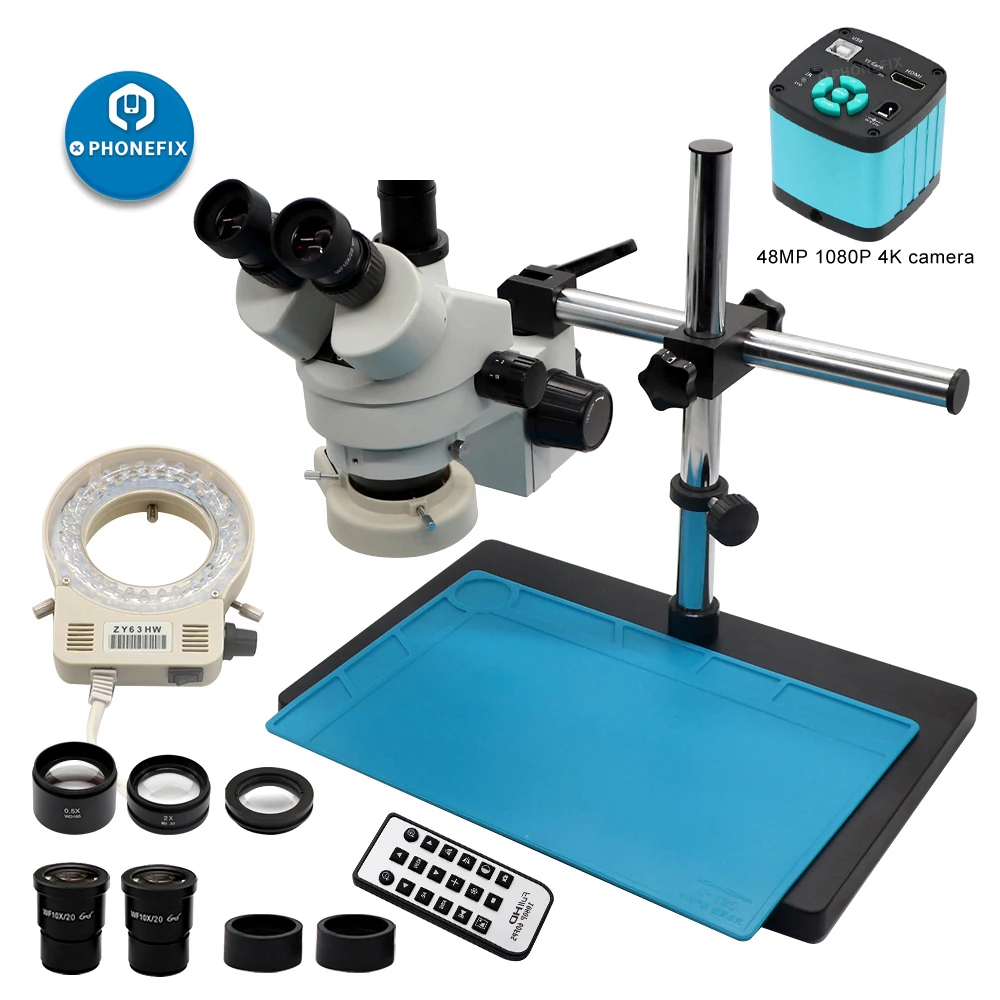 Simul-Focal Trinocular Microscope 3.5X-90X Zoom with 48MP/38MP/4k/51MP 2K HD Camera 0.5x 2.0x Lens LED for Phone Soldering Set