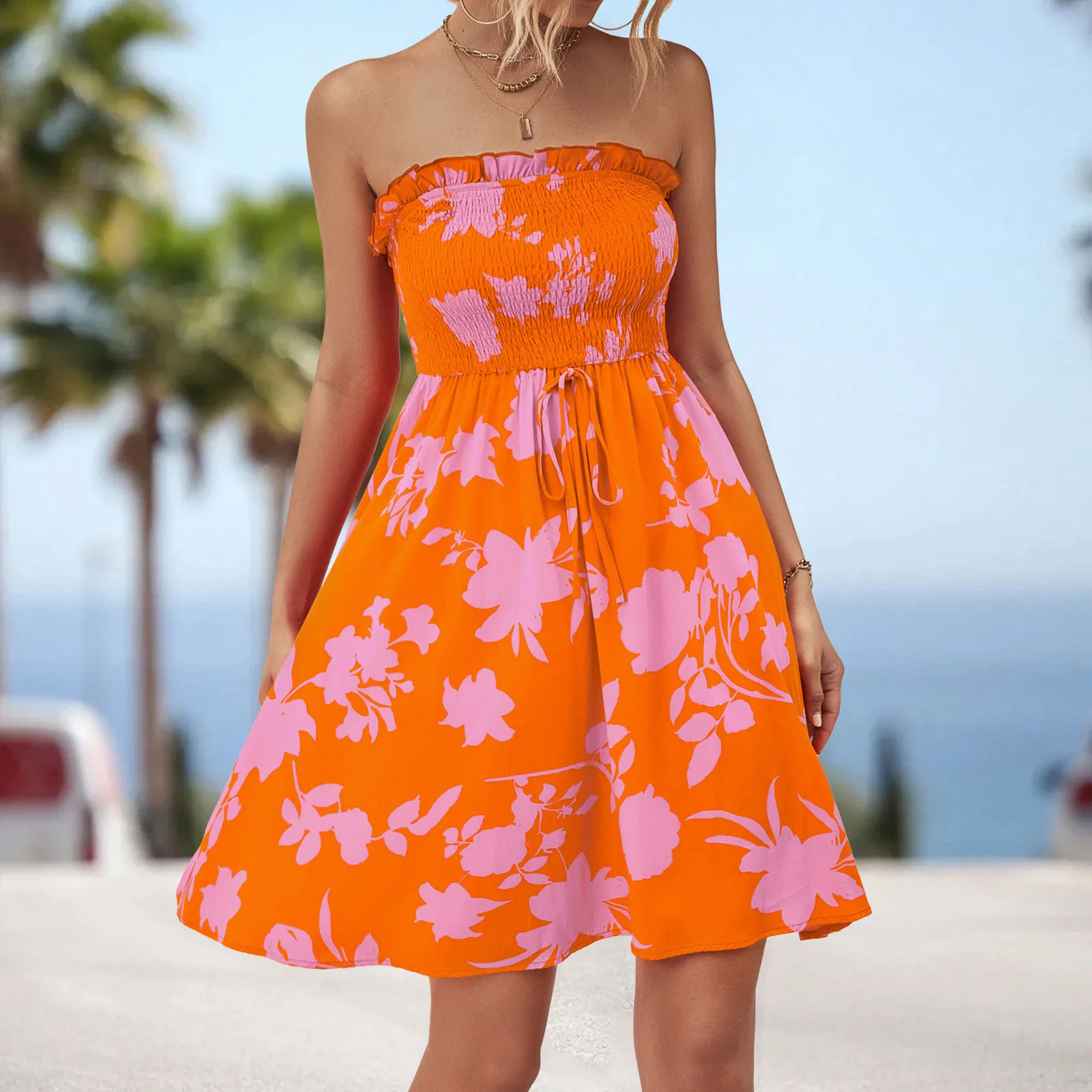 

Elegant Floral Print Dress For Women Summer Dresses 2024 New Casual Sleeveless Ruffles Lace-Up Sexy Strapless Loose Mini Dress