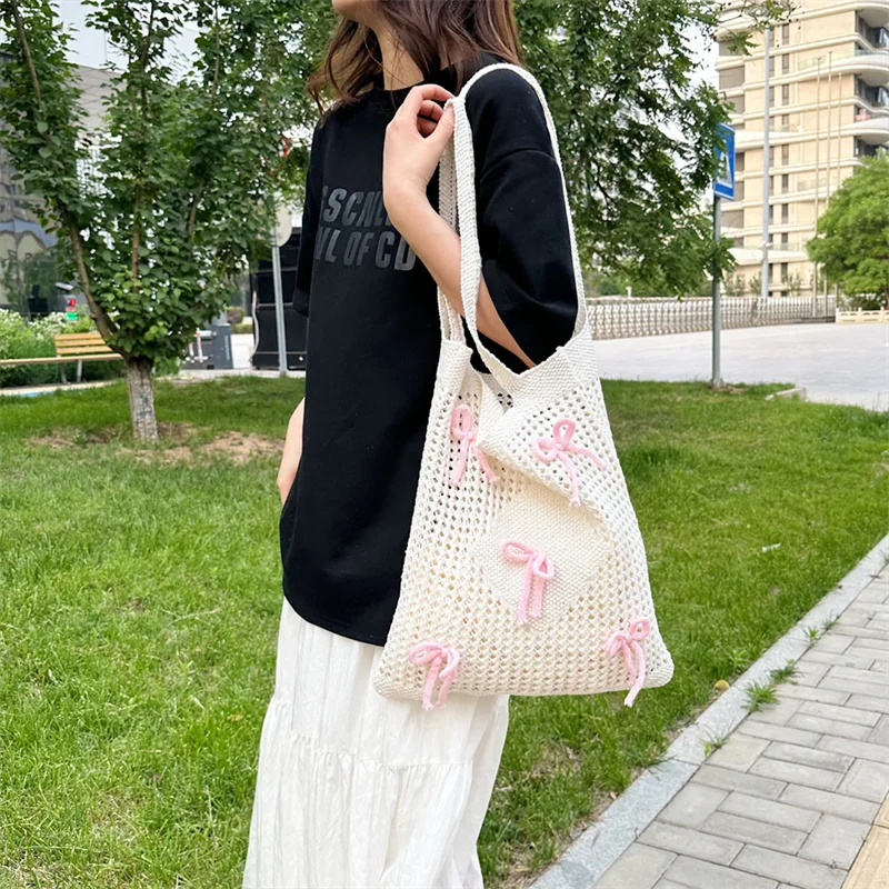 Women Knitted Shoulder Bag with Bow Crochet Beach Tote Bag Woven Hobo Bag Large Capacity Hollow Out Handbag for Outdoor Travel