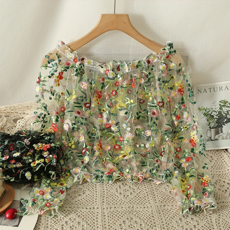 

French Sexy Floral Mesh Embroidery Perspective Blouse Shirt Women Autumn Off Shoulder Design Puff Long Sleeve Blouse Women