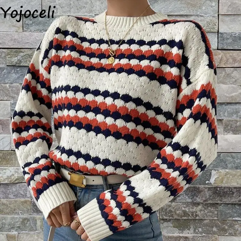 

Yojoceli Autumn round neck striped vintage knitted jumper Elegant casual sweater pullover Winter warm thick sweater women