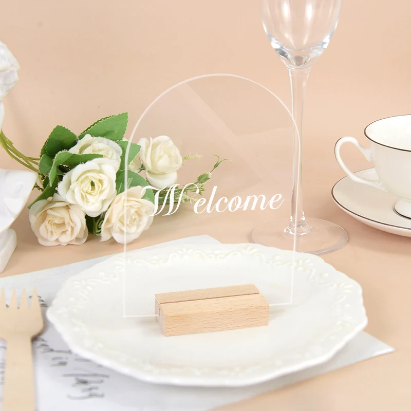Place Card Holders Wedding Table Numbers Acrylic Sign Holders Transparent Acrylic Arch-shaped Table Card Wedding Table Number Plate Card Banquet Diy Wooden Base Seat Plate Sign