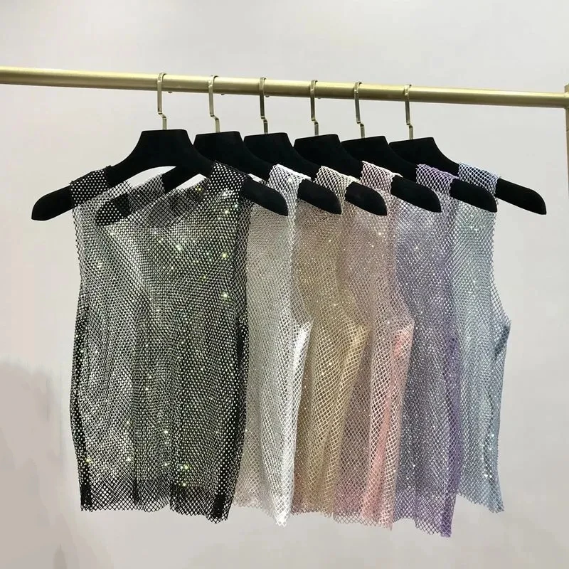 

Crystal Beading Shiny Tanks Party Club Sexy & Club Hollow Out Diamonds Stamping Camis Winky Sleeveless Vest tops women 2022