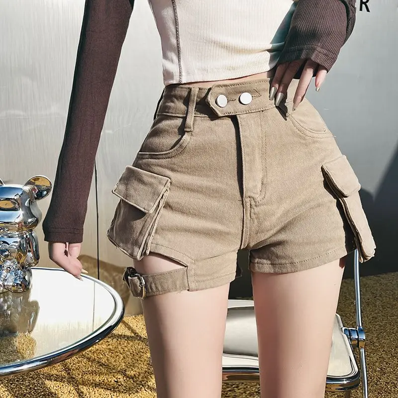 Open Crotch Outdoor Sex Erotic Pants Female Khaki Denim Shorts Women Summer Wide Leg A- Line Hotpants High Waist Pocket Jeans