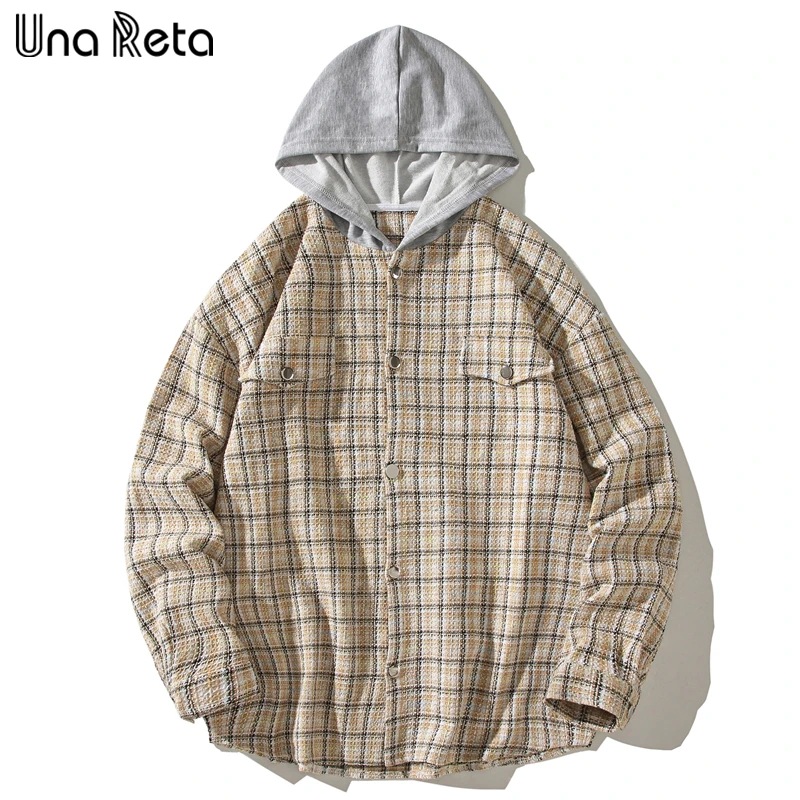 

Una Reta Plaid Men's Shirts Spring Autumn Harajuku Men Clothing Single-breasted Shirt With Hooded Streetwear Shirts For Men