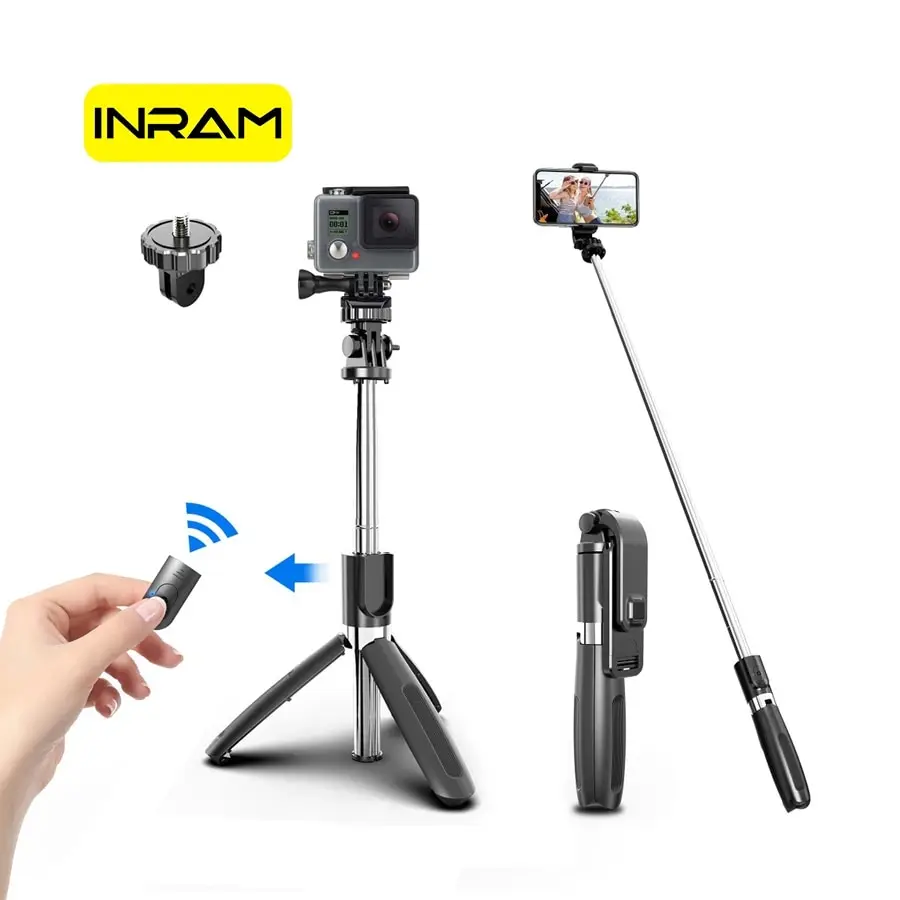 INRAM-L02 Wireless Bluetooth Selfie Stick with Mini Tripod Foldable Selfie Rod with Remote Control for Phone Action Camera Iphone Sports Camera Selfie Stick Selfie Stick Tripod Cell Phone Selfie Stick Smartphone Selfie Stick Selfie Stick Phone Selfie Tripod