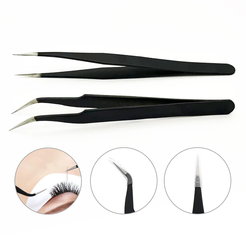 Didesun Stainless Steel Straight and Curved Black Eyelashes Tweezers for False Eyelash Extension Tweezers Fiber Tip Makeup Tools 4