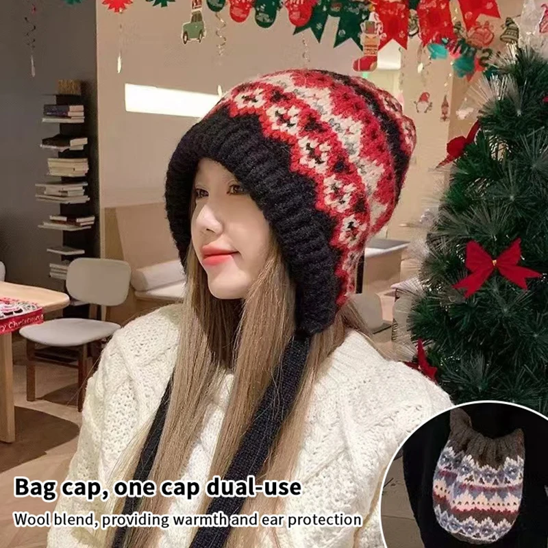 Ethnic Retro Striped Spliced Knitted Hat Autumn Winter Thickened Warm Brimless Ear Protection Woolen Cap Cold Resistant Women