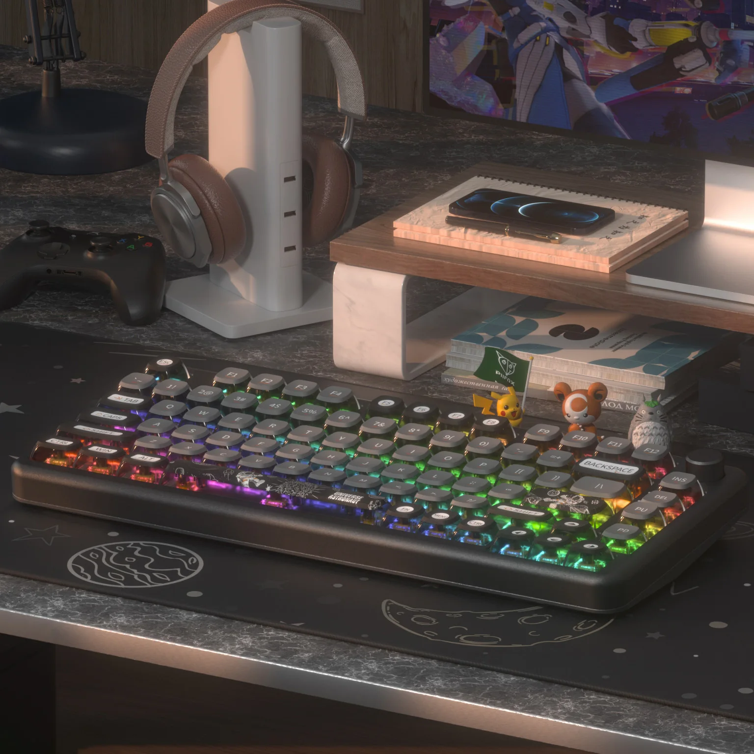 Keycaps do Pudim do Tema do Espaço para o Teclado Mecânico Lado Preto Claro Parte Superior de Tritone Pbt Símbolo da Sublimação da Tintura - Imagem 3
