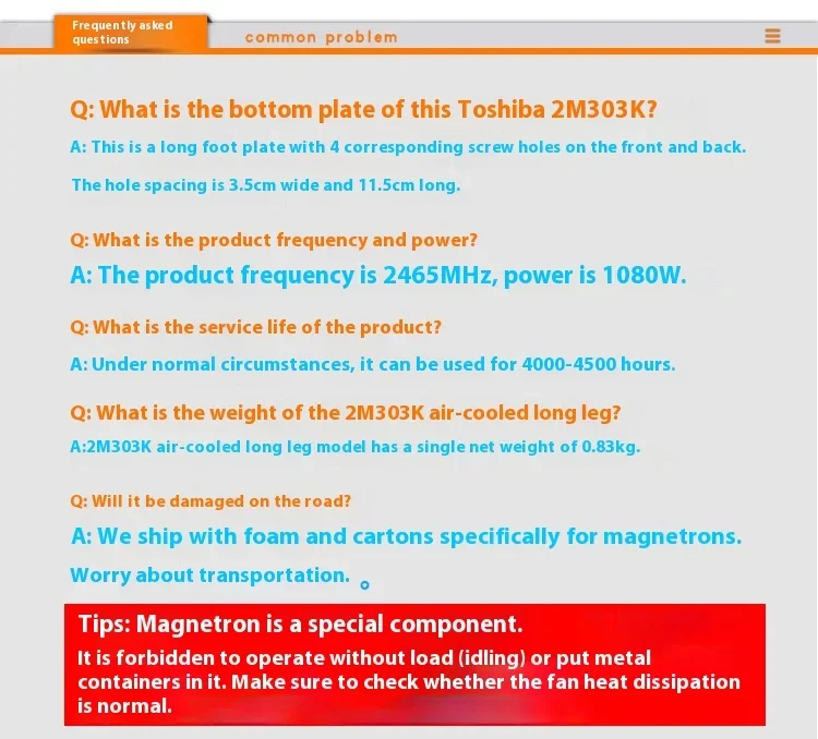 Description Picture 2 of itemFor Toshiba 2M303K air-cooled Long Baseplate Microwave Magnetron 1080W Frequency Conversion Microwave Equipment Accessories