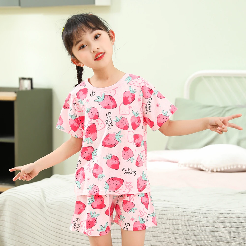 cotton nightgowns 2 4 8 10 Years Baby Girl Pajamas Summer Cotton Sleepwear Suits Pink Strawberry Print Pijamas Kids Children Pyjamas Girl Clothing nightgowns and robes	