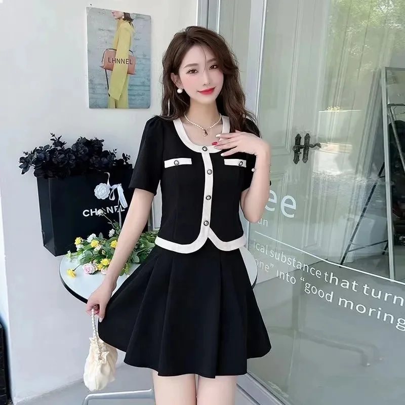 Large Size Women's Summer Dress Fashion Two-piece Round Neck Small Fragrant Wind Skirt Sweet And Spicy Small Suit Skirt