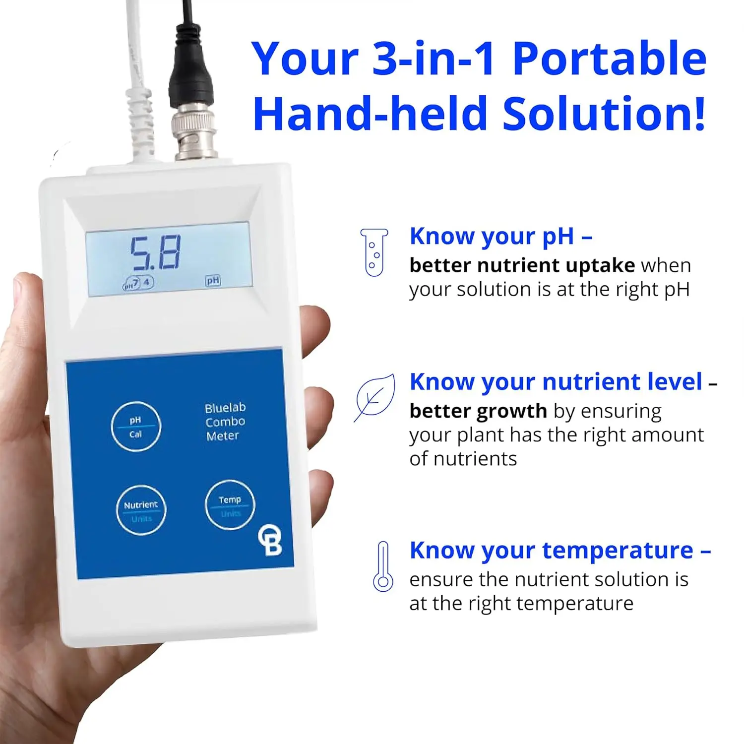 METCOM Combo Meter for pH, Temperature, Conductivity (Nutrient) in Water with Easy Calibration, Digital TDS/PPM Tester f