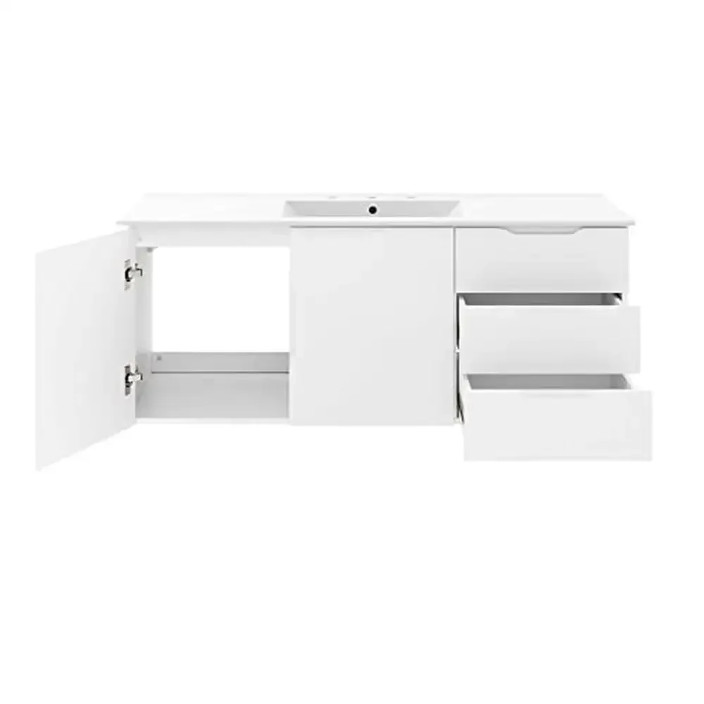 48" Modern White Bathroom Vanity with Ceramic Sink Durable Wood Construction Wall-Mount Design Two Drawers and Soft-Close Doors 5