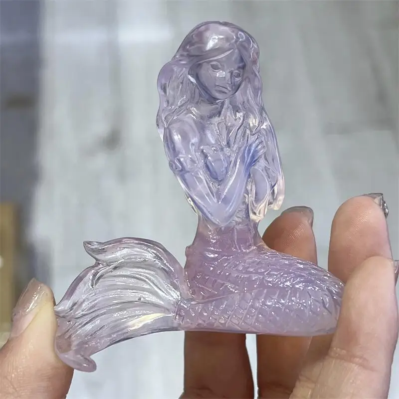 High Quality Pink Opalite Mermaid Carving Animal Crafts Healing Crystal Stone Feng Shui Home Decoration Gift 1PCS 6