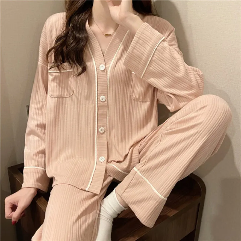 Women's 2 Pieces Pajamas Set 100% Cotton Pyjama Flower Pijama Women Homewear Soft Sleepwear Long Sleeve Lapel Shirt Pants Suit