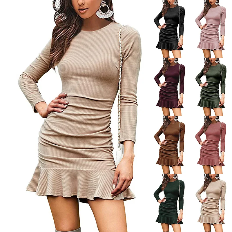 

Women's Dresses Fall New Solid Color Sexy Knit Mini Long-sleeved Pleated Tight Dresses Female