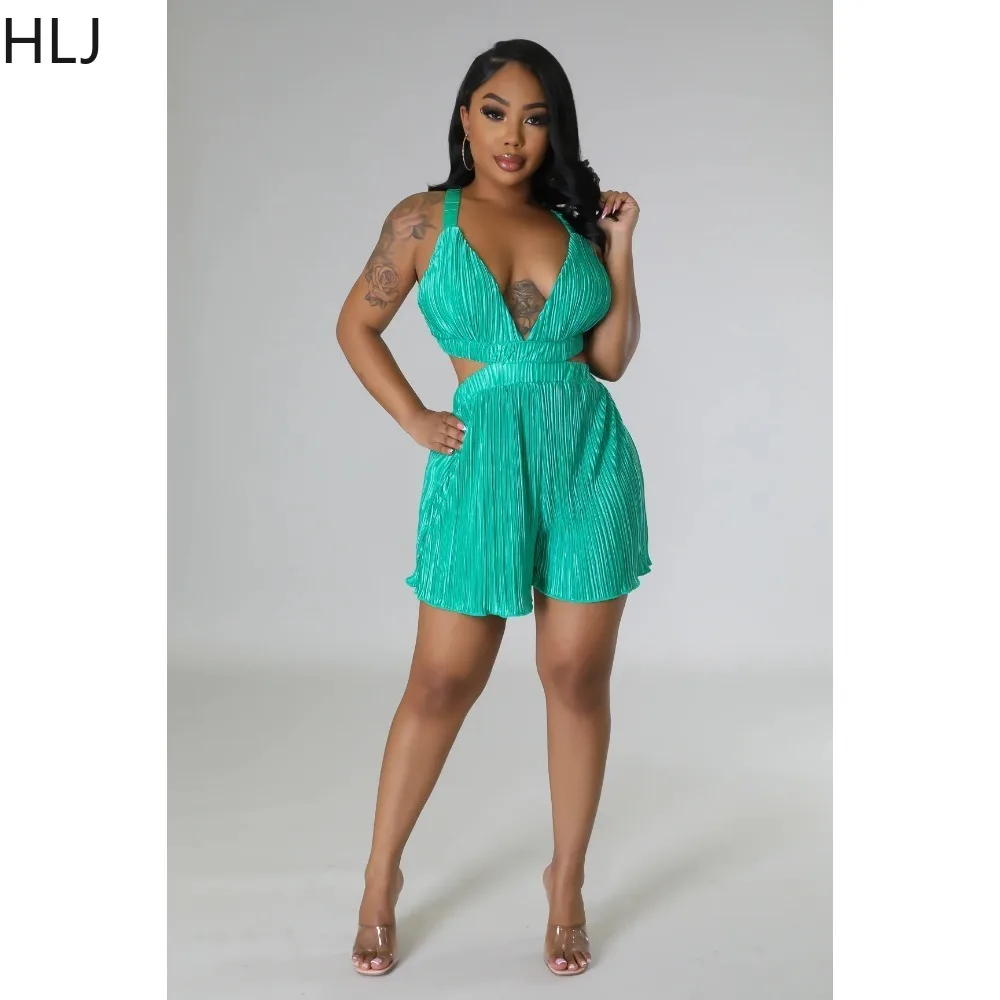 HLJ Casual Solid Color Ruched Loose Rompers Women Deep V Hollow Sleeveless Jumpsuits Summer New Female Backless Slim Overalls