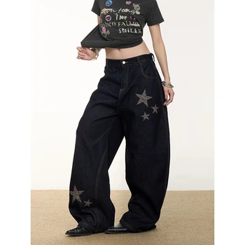 YIBASHU Women Vintage Baggy Black Star Jeans High Waist Denim Trousers 2000s Y2k Harajuku Aesthetic Wide Pants Trashy Clothes 1