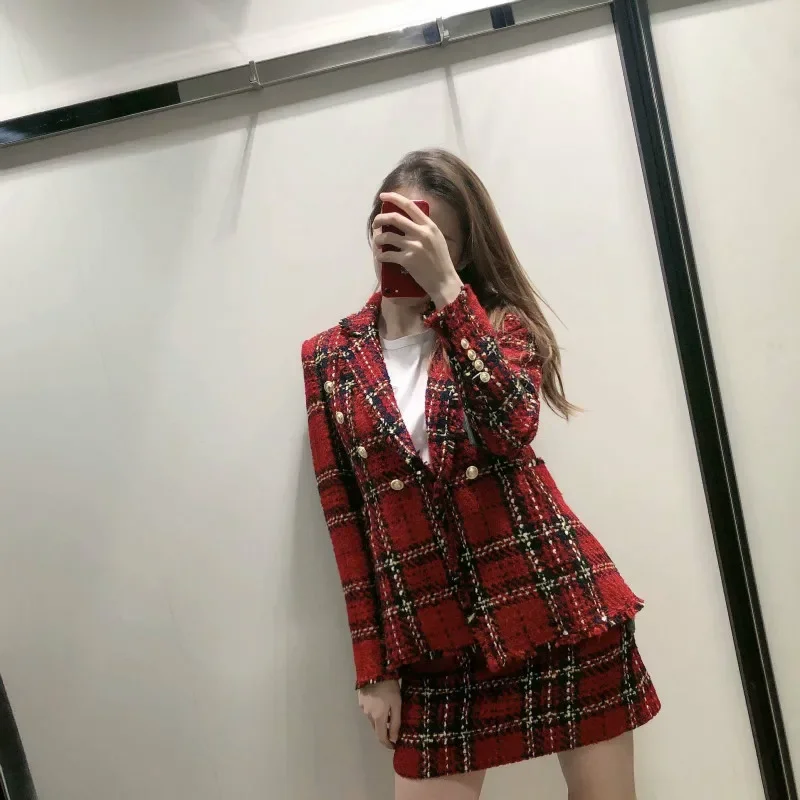 

Мини-платье 2023 весенние женские шикарные блейзеры в стиле пэчворк красные твидовые блейзеры в клетку и хлопковый пиджак костюмы крутая одежда в клетку для девочек