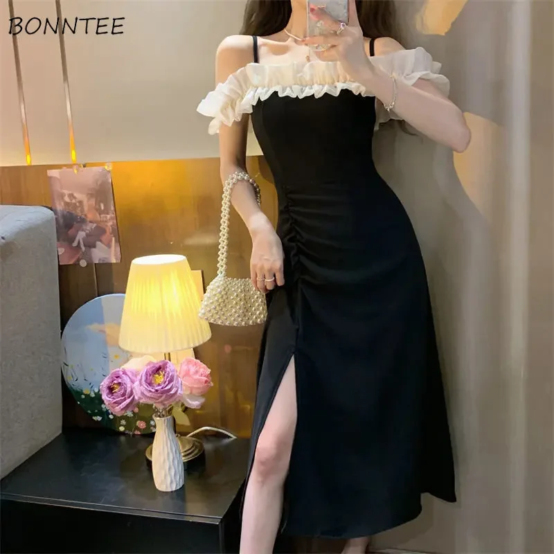 

Midi Sleeveless Dress for Women Folds Patchwork Design Slim Fit Sweet Summer Korean Style Fashion Chic Ladies Vestidos De Fiesta