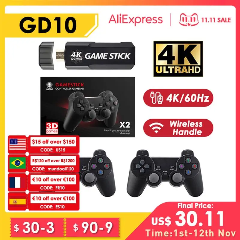 

New GD10 Retro TV Game Console 4K 60fps HD HDMI Output Ultra Low Latency TV Game Stick 2.4G Dual Handles Portable Home Games