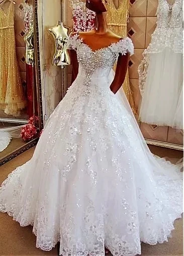 

ANGELSBRIDEP V-Neck Tulle Off Shoulder Wedding Dresses Court Train Ball Gown Vestidos De Novia Lace Appliques Custom Make