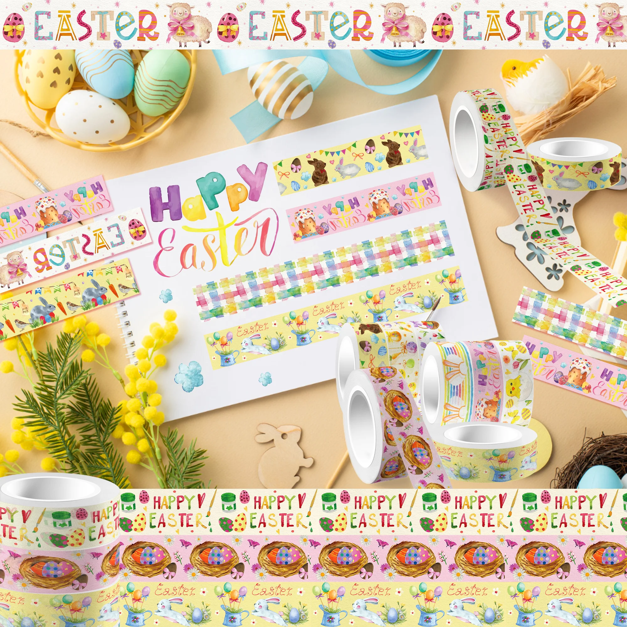 12 롤 부활절 날 계란 토끼 패턴 마스킹 테이프 DIY 핸드북 재료 스티커 Washi 테이프 Scrapbooking 생일 선물 용품