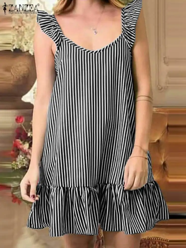 

ZANZEA Bohemian Summer Striped Dress Women Vintage Holiday Beach Sundress Robe Femme Casual Sleeveless Ruffles Hem Short Vestido