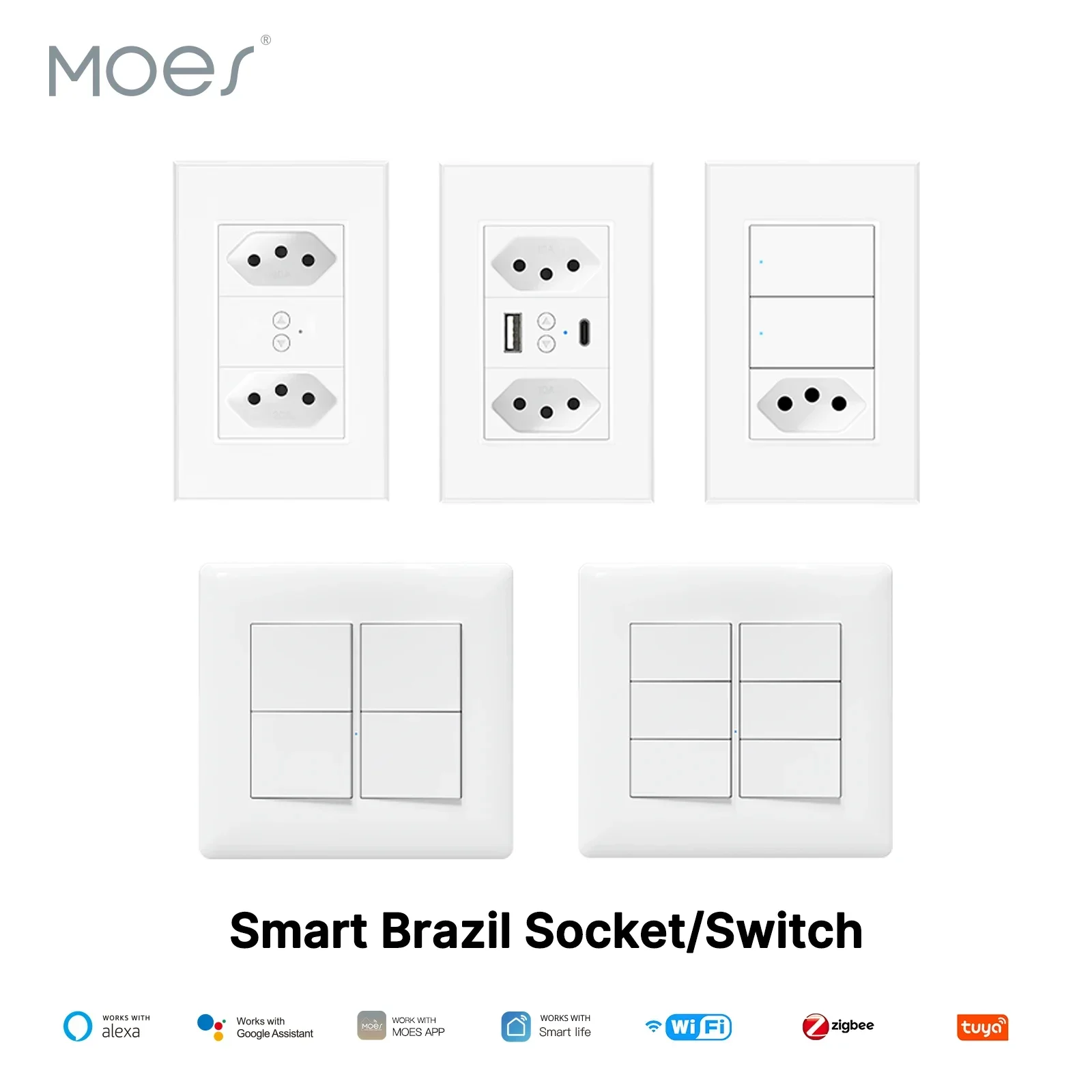 

Smart 4/6gang Zigbee Wall Light Switch WiFi Brazil Socket Outlet Independent Switch Remote Control Outlet Work With Alexa Google