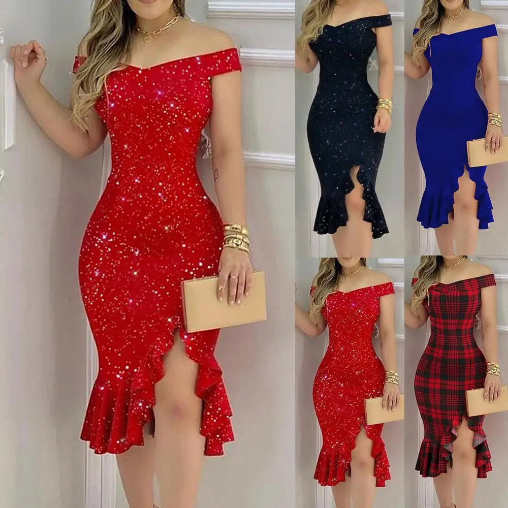 

Women Sexy Bodycon Dress Sexy Off Shoulder Split Ruffle Solid Color Plaid Bodycon Knee-length Dress Dress Party Elegant Vestidos
