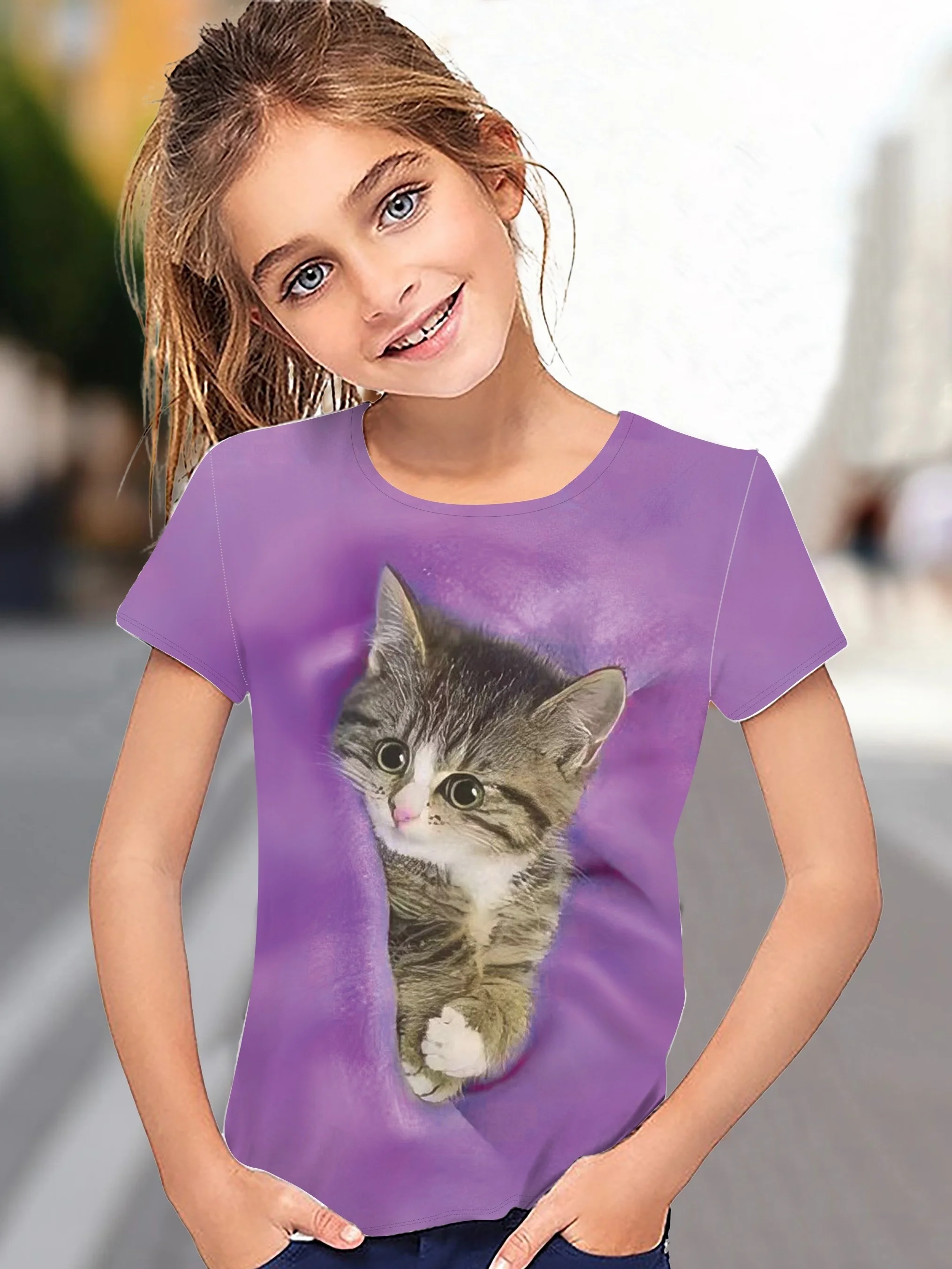 T-Shirt for Girls Cute Kitten Girls Clothes Kids T-Shirt Summer Short Sleeve Children Outdoor Sports Tops T-Shirt for Girls 2
