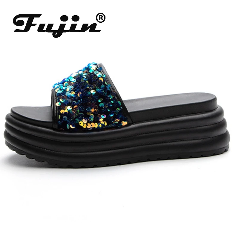

Fujin 6CM 2024 Synthetic Slippers Ladies Summer Peep Toe High Brand Breathable Women Sandal Bling Shoes Platform Wedge Fashion
