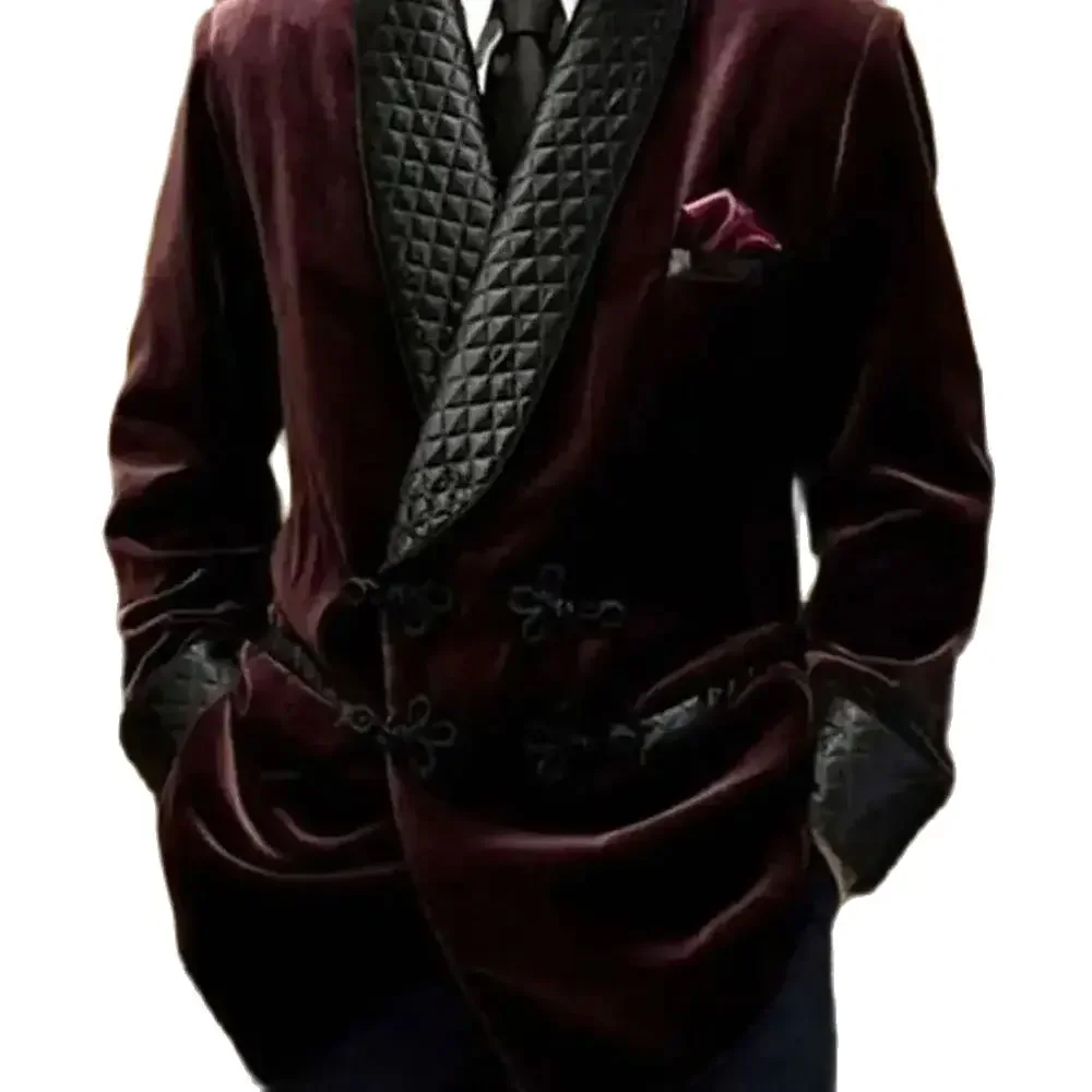 Burgundy Velvet Double Breasted Men Suit One Piece Black Shawl Lapel Design Smoking Jacket Costume Loose Daily Blazer men suits jackets