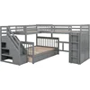 L-Shape Triple Bunk Bed with Stairs and Desk, Wooden Twin-Over-Full Design, Includes Storage Wardrobe, Shelves, and Drawers, 5 L-Shape Triple Bunk Bed with Stairs and Desk, Wooden Twin-Over-Full Design, Includes Storage Wardrobe, Shelves, and Drawers, 5