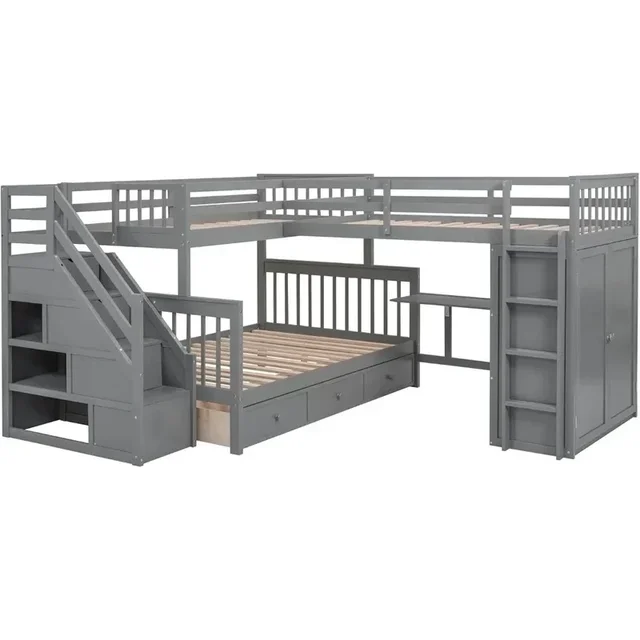 L-Shape Triple Bunk Bed with Stairs and Desk, Wooden Twin-Over-Full Design, Includes Storage Wardrobe, Shelves, and Drawers, 5 L-Shape Triple Bunk Bed with Stairs and Desk, Wooden Twin-Over-Full Design, Includes Storage Wardrobe, Shelves, and Drawers, 5