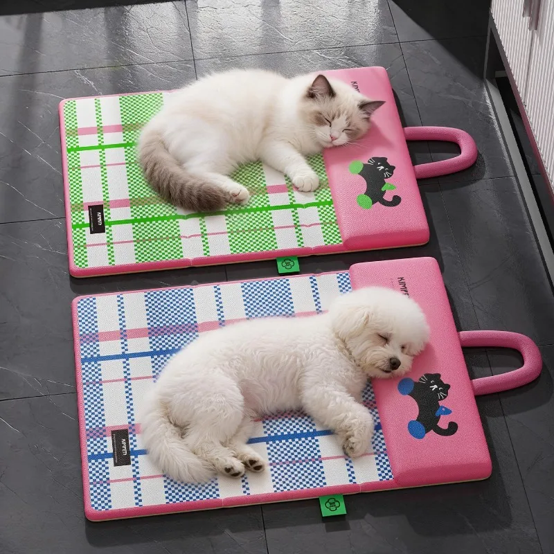 Portable Pet Cooling Mat With Pillow Foldable Dog Ice Bed Waterproof Summer Cooling Pad Double-Sided Travel Mat For Large Dogs_voghion.com