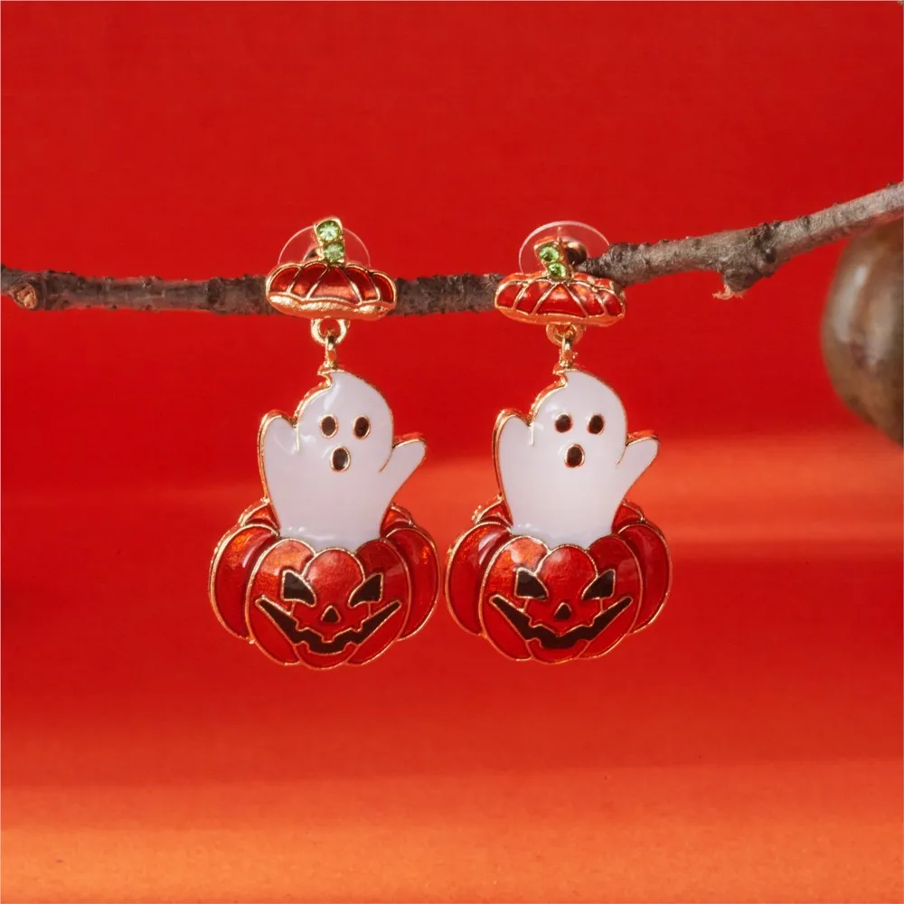 Halloween Ghost Pumpkin Stud Earrings for Women Shiny Zircon Dangle Earring Party Jewelry Gifts