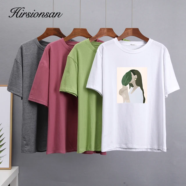 Hirsionsan Harajuku Printed T Shirt Women 2022 Summer Chic Tees 100% Cotton Elegant Graphic Clothes Loose Casual Pullover Tops 4