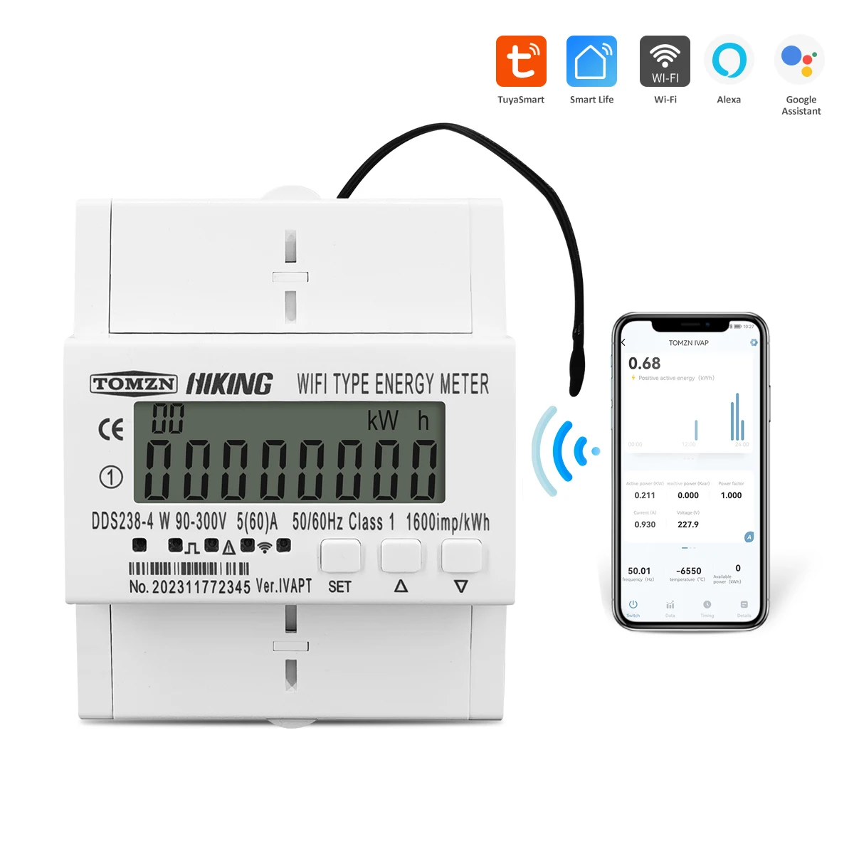 TOMZN 60A 90-300V TUYA WIFI 스마트 누전 에너지 미터 kWh 온도 차단기 타이머 전압 전류 보호기 RS485