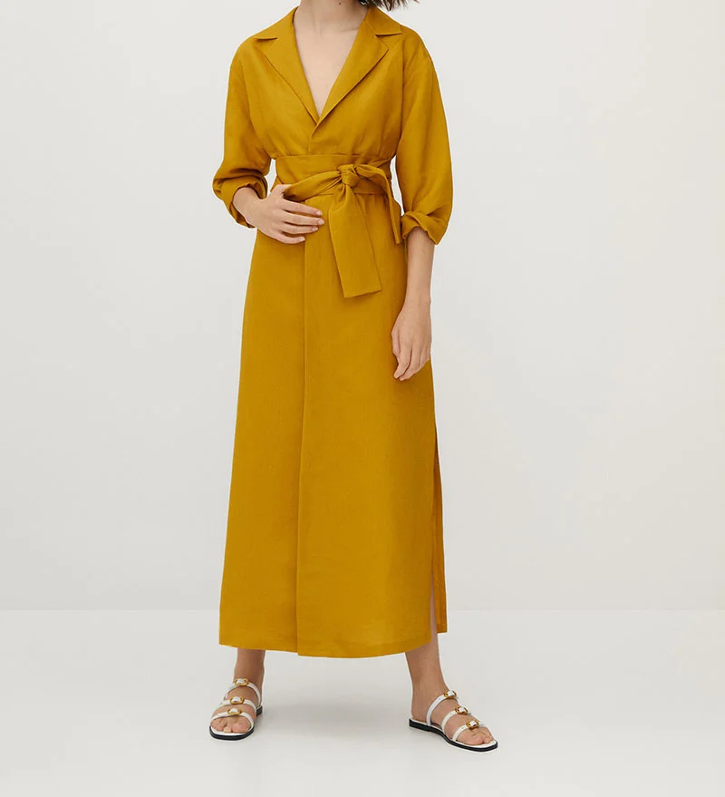 

Spring and summer new with belt design sense of temperament linen shirt style long long-sleeved dress