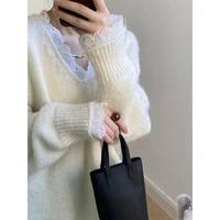 Lace Trim Warm Sweater for Women V Neck Long Sleeve Winter Loose Soft Top Knit Sweater - Image 6