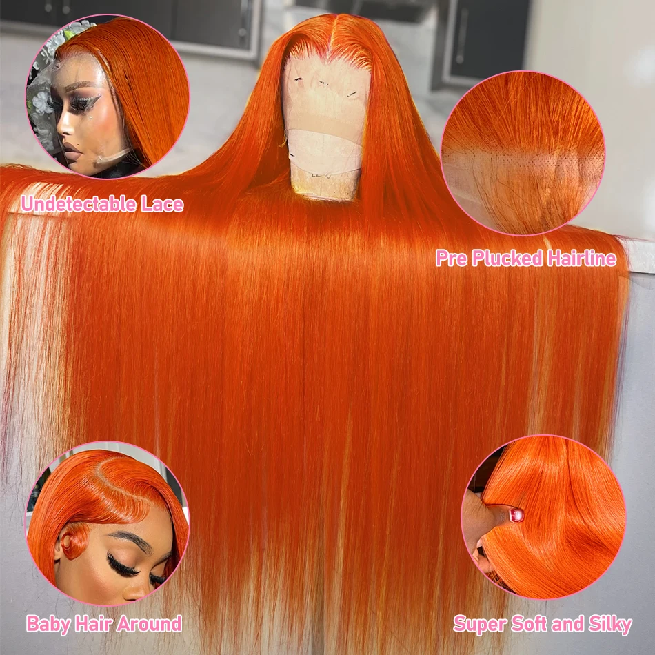 Straight Ginger Orange Colored 13x4 Lace Front 13x6 Lace Frontal human hair wig 30 40 Inches