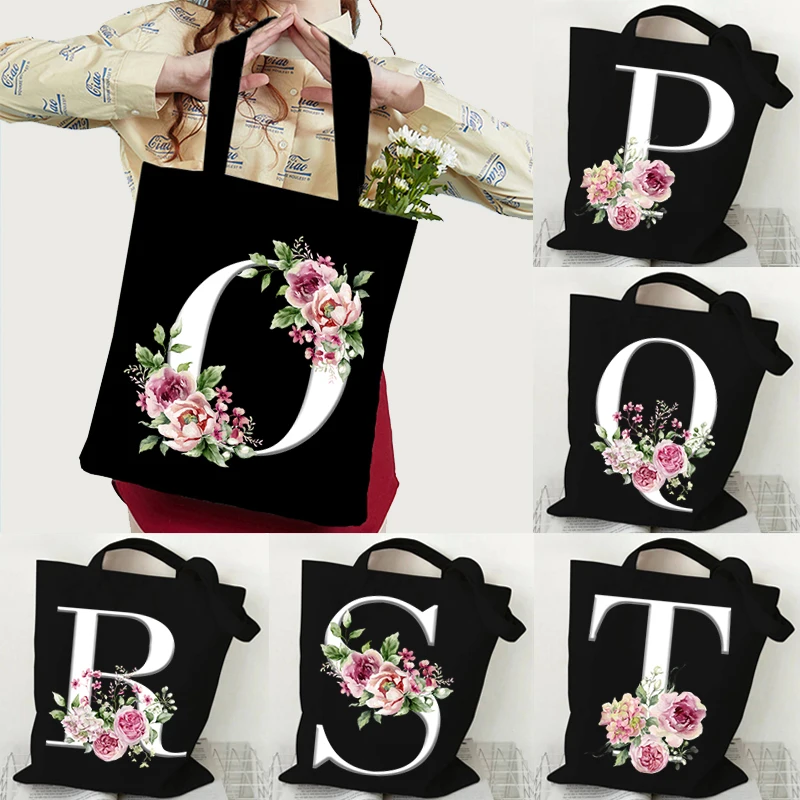 

Rose Series White Letter Hand Bag Women Tote Canvas Bag Vintage Shoulder Harajuku Aesthetics Canvas Bag Floral Alphabet Handbag