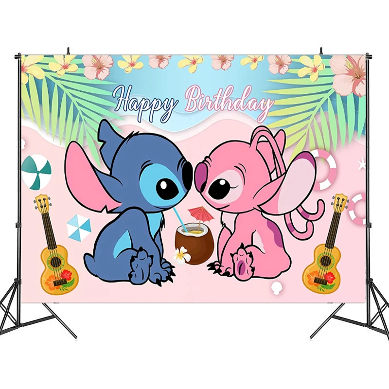 thumbnail image 1 of Fondo de ángel de Lilo y Stitch de Disney, decoraciones personalizables para fiestas de feliz cumpleaños, suministros para fiestas de baby shower, 1 of 5