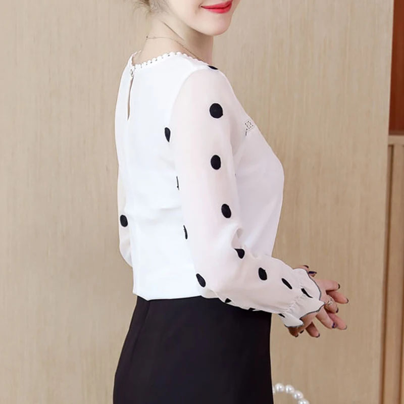 Women's Long Sleeve Chiffon Blouse Hollow Out Tops O-Neck Black Dot White Sweet Clothing Fashion 2025 New D383