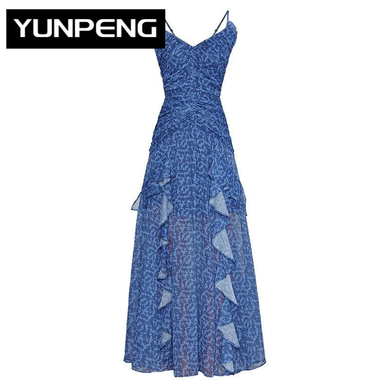 

Fashion Designer Summer Sling Dress Women's V-Neck Sleeveless Backless Ruched Ruffles Vintage Print Blue Long Dresses
