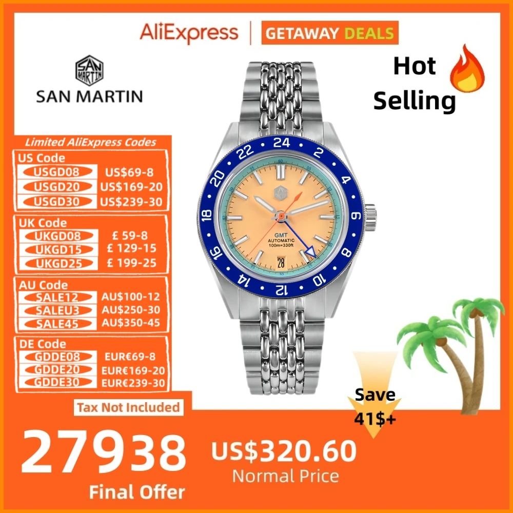 

San Martin Original Design 39.5mm Men Automatic NH34 Watch GMT Swim Wristwatch Waterproof 10Bar Limited Edition часы SN0116-3