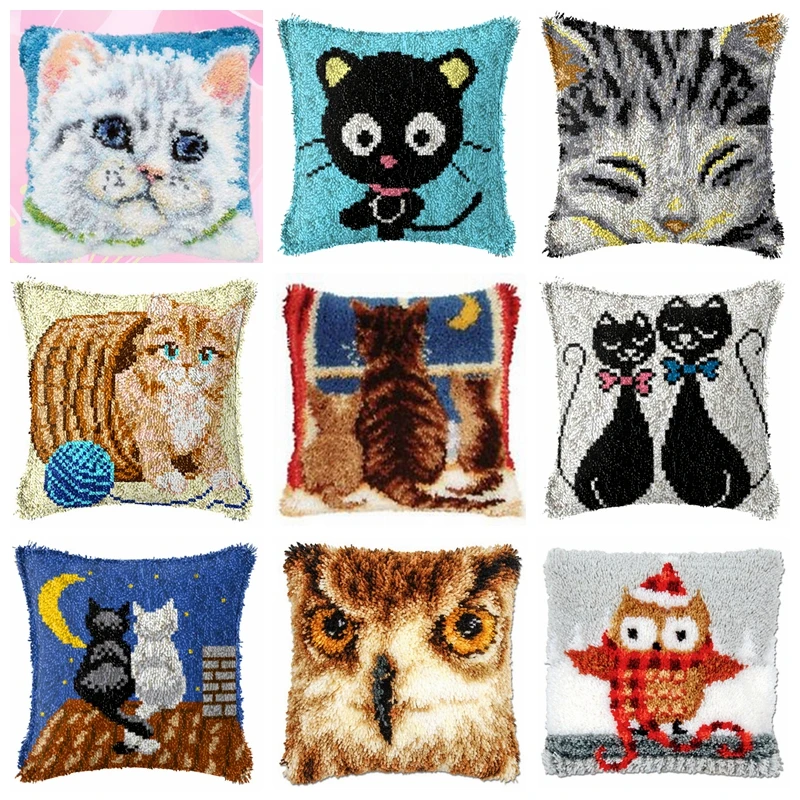 

Animal Owl Cat Embroidery Pillow Knoop Pakket Needlework Set Latch Hook Cushion Button Package Decor Material Package DIY